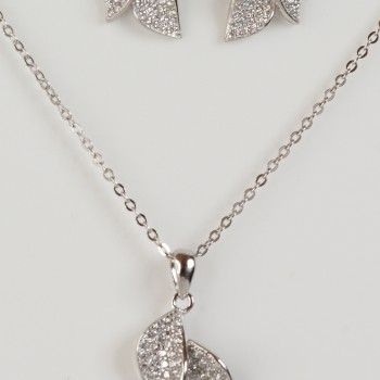 Sterling Silver/CZ Double Leaf Pendant and Chain with Stud Earrings